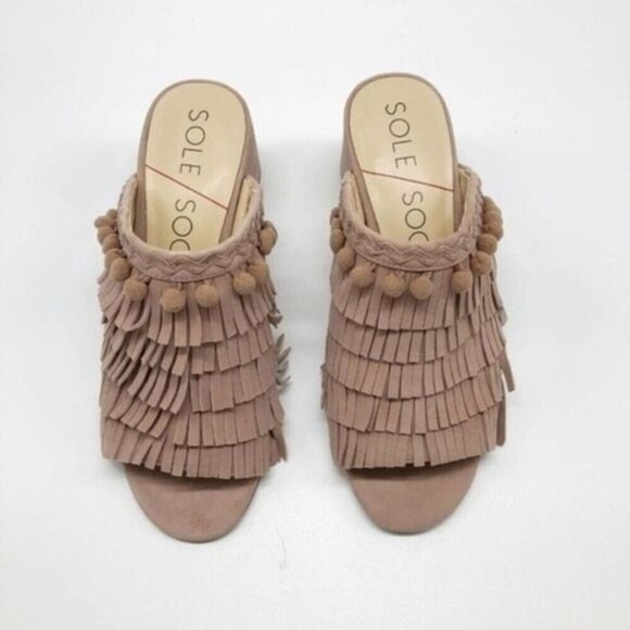 SOLE SOCIETY Harriet Pink Fringe Pompom Mules - Picture 3 of 7